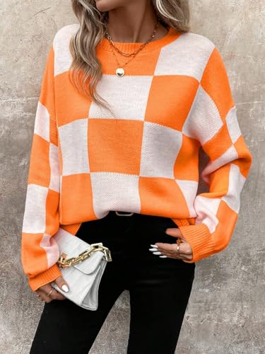 Orange and White Checkered Sweater - GORGLITTER Womens Argyle Checkered Sweater Plaid Long Sleeve Fall Knit Sweater Pullover Tops