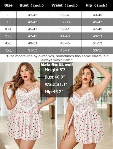 Valentine's Day - Plus Size Lingerie Lace Babydoll Womens Strap Chemise Nightgown V Neck Nighty Mesh Sleepwear Side Slit Nightdress