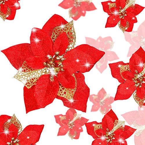 Boao 24 Pieces Christmas Artificial Glitter Poinsettia Flowers Xmas Flowers Wedding Christmas Tree New Year OrnamentsGold Red