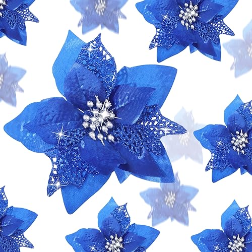 Boao 24 Pieces Christmas Artificial Glitter Poinsettia Flowers Xmas Flowers Wedding Christmas Tree New Year OrnamentsGold Royal Blue