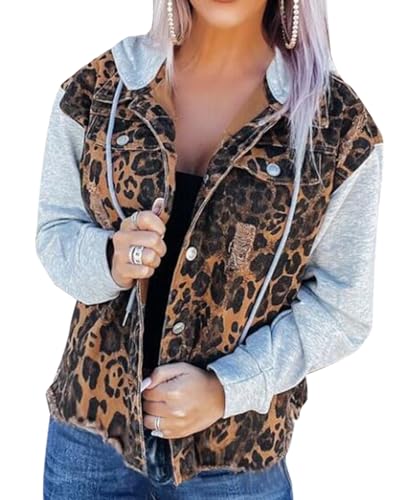 Leopard Print Denim Jacket - LifeShe Womens denim jacket with hood leopard print distressed ripped jean jackets Hoodie fringe hem