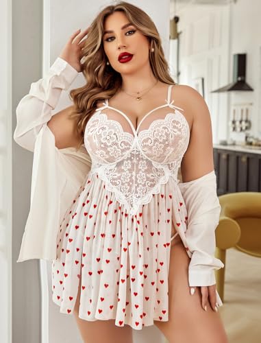 Valentine's Day - Plus Size Lingerie Lace Babydoll Womens Strap Chemise Nightgown V Neck Nighty Mesh Sleepwear Side Slit Nightdress