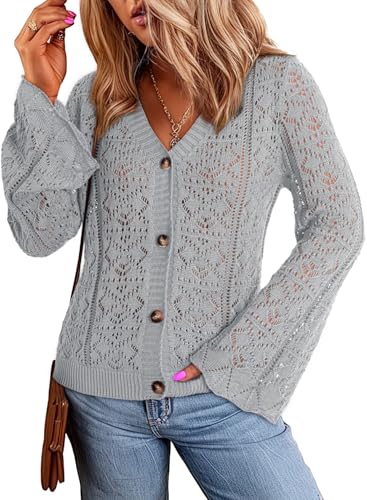 Dokotoo Cardigan Sweaters for Women Long Sleeve Shirts Lightweight Cardigan Button Down Crochet Tops Fall Outfits 2024 Gray