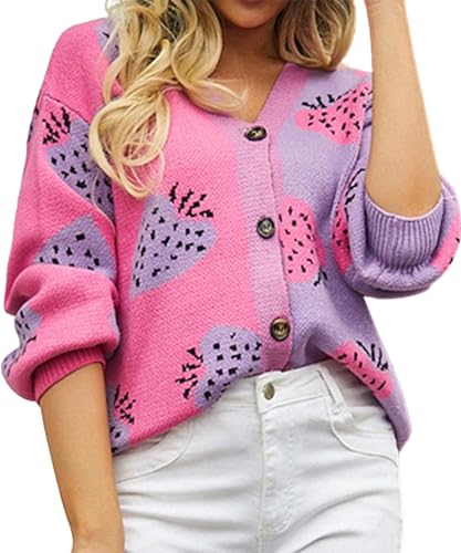 Yellow Cardigan - ECOWISH Women Floral Cropped Cardigan Fall Long Sleeve Open Front Fuzzy Daisy Print Knit Sweaters Casual Y2k Outerwear Strawberry(pink)