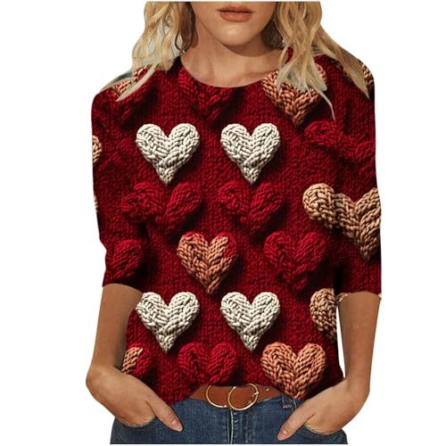 Valentines Day Shirts for Women Aesthetic Cute Love Heart Print TShirt 34 Length Sleeve Tunic Tops Cotton Pullovers 12#red