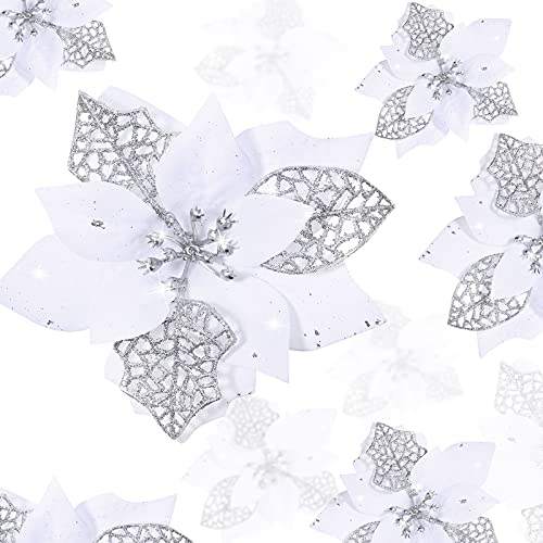 Boao 24 Pieces Christmas Artificial Glitter Poinsettia Flowers Xmas Flowers Wedding Christmas Tree New Year OrnamentsGold White