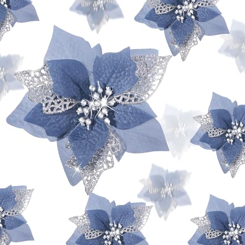 Boao 24 Pieces Christmas Artificial Glitter Poinsettia Flowers Xmas Flowers Wedding Christmas Tree New Year OrnamentsGold Dusty Blue