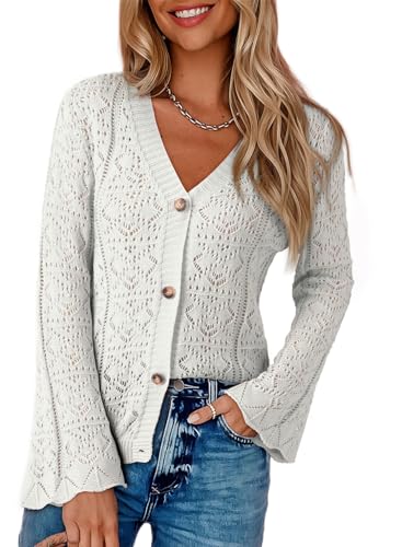 Dokotoo Cardigan Sweaters for Women Long Sleeve Shirts Lightweight Cardigan Button Down Crochet Tops Fall Outfits 2024 White