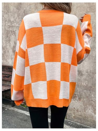 Orange and White Checkered Sweater - GORGLITTER Womens Argyle Checkered Sweater Plaid Long Sleeve Fall Knit Sweater Pullover Tops