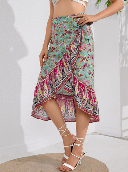 Tie Waistband Flounce Hem Midi Skirt Multicolor