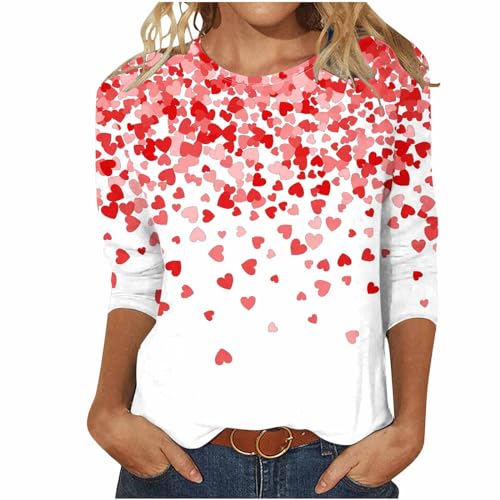 Heart Shirt - Valentines Day Shirts for Women Aesthetic Cute Love Heart Print TShirt 34 Length Sleeve Tunic Tops Cotton Pullovers Love 1&white