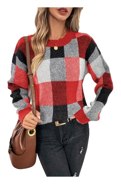 Orange and White Checkered Sweater - GORGLITTER Womens Argyle Checkered Sweater Plaid Long Sleeve Fall Knit Sweater Pullover Tops Red