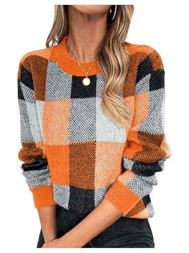 Orange and White Checkered Sweater - GORGLITTER Womens Argyle Checkered Sweater Plaid Long Sleeve Fall Knit Sweater Pullover Tops Orange