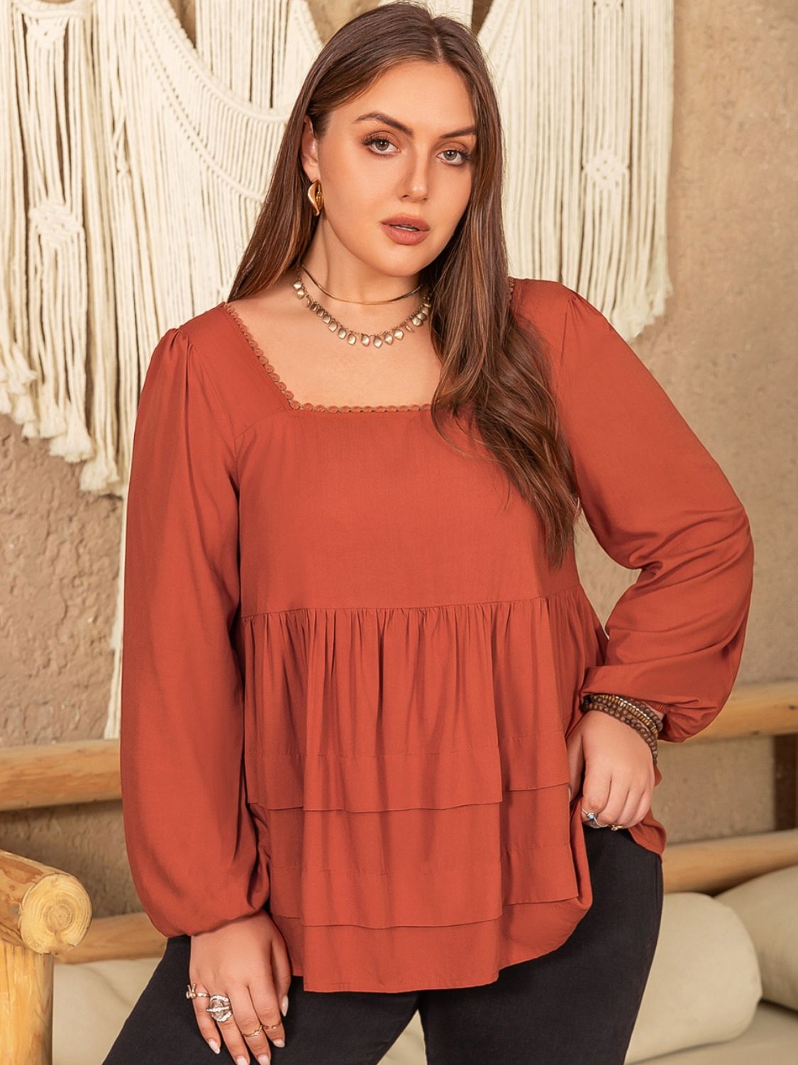 Plus Size Lace Detail Square Neck Long Sleeve Blouse Terracotta