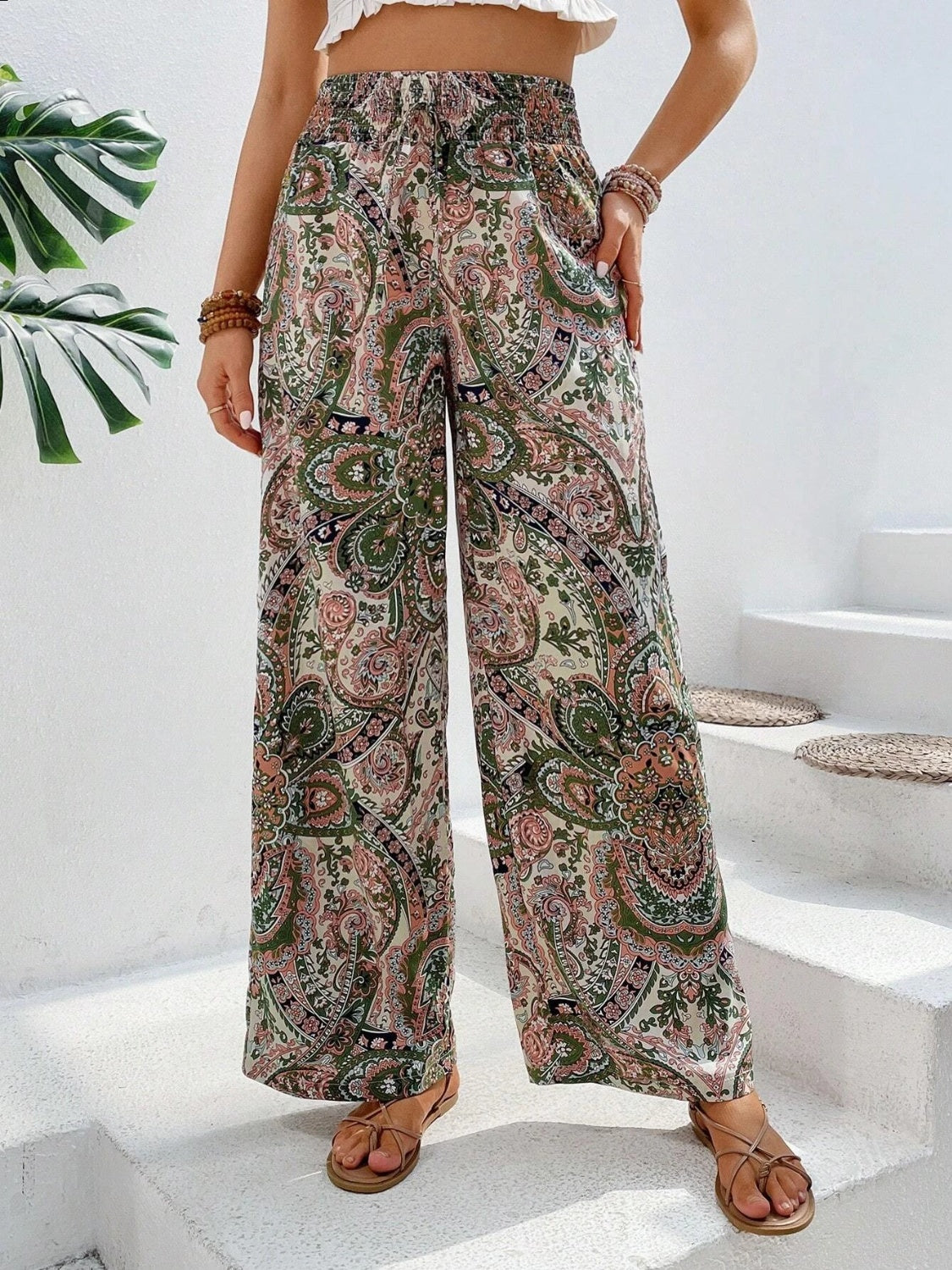 Tie Waist Printed Wide Leg Pants Multicolor