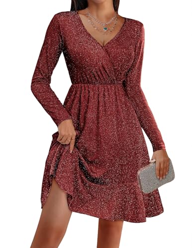 Christmas Party Dress - Zeagoo Long Sleeve Womens Glitter Dress Wrap V Neck Swing Club Cocktail Party Dresses Sequin Sparkle Dress Fall Dress 2024 Wine Red