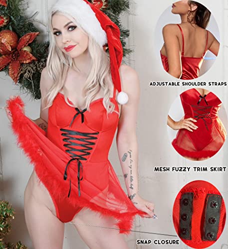 Avidlove Christmas Lingerie for Women Sexy Santa Costumes Snap Crotch Lace Babydoll Bodysuit Sleepwear Red