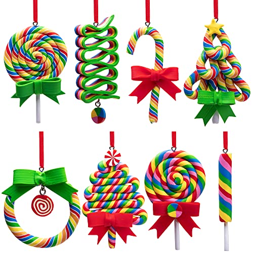 codree 8 PCS Christmas Lollipop Ornaments Rainbow Lollipop Hanging Ornaments Christmas Candies Polymer Clay Ornament for Xmas Tree Party Decoration