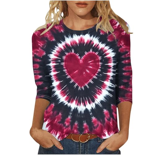 Valentines Day Shirts for Women Aesthetic Cute Love Heart Print TShirt 34 Length Sleeve Tunic Tops Cotton Pullovers Tie Dye 1#wine