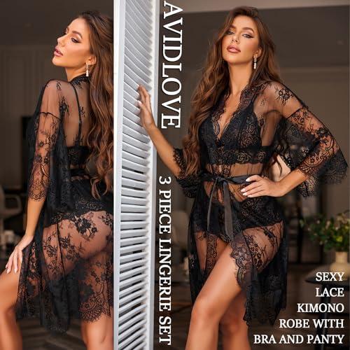 Avidlove Women Sexy Lingerie Set 3 Piece Bra and Panty Sets with Lace Kimono Robe Sleepwear Mesh Nightgown