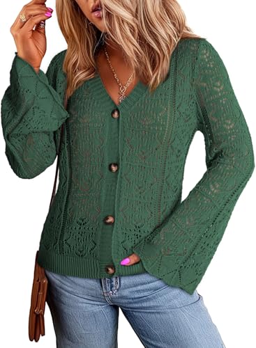 Dokotoo Cardigan Sweaters for Women Long Sleeve Shirts Lightweight Cardigan Button Down Crochet Tops Fall Outfits 2024 Green