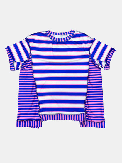 Full Size Contrast Stitching Striped Round Neck T-Shirt