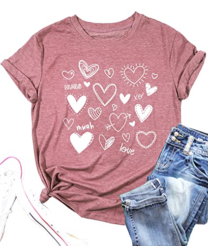 Heart Shirt - Valentines Day Shirt for Women Cute Love Heart Tshirts Graphic Valentine Gift Tee Casual Hearts Tops A Pink Small