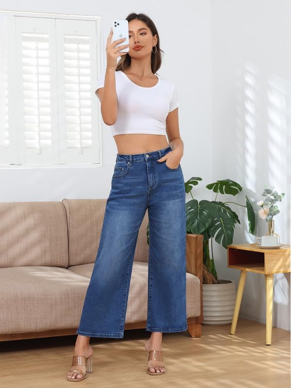 Rfm Jeans - Genleck Womens Wide Leg Jeans Trendy Cropped Loose Jeans High Waisted Stretchy Capri Denim Pants Baggy Trousers 2024