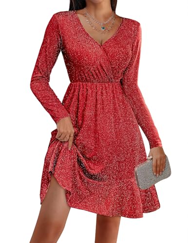 Christmas Party Dress - Zeagoo Long Sleeve Womens Glitter Dress Wrap V Neck Swing Club Cocktail Party Dresses Sequin Sparkle Dress Fall Dress 2024 Red