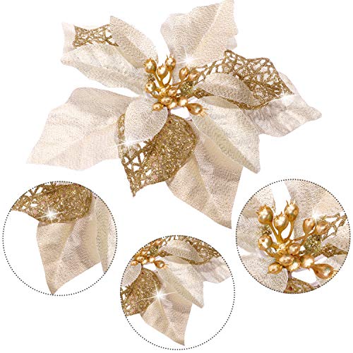 Boao 24 Pieces Christmas Artificial Glitter Poinsettia Flowers Xmas Flowers Wedding Christmas Tree New Year OrnamentsGold