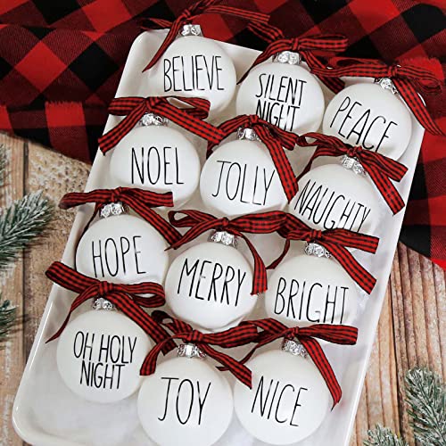 Christmas Ornaments Set of 12 Shatterproof White Bulbs Adorned with Buffalo Plaid Bows Rustic Farmhouse Christmas Tree Decorations for Xmas Tree Decor