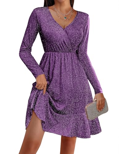 Christmas Party Dress - Zeagoo Long Sleeve Womens Glitter Dress Wrap V Neck Swing Club Cocktail Party Dresses Sequin Sparkle Dress Fall Dress 2024 Purple