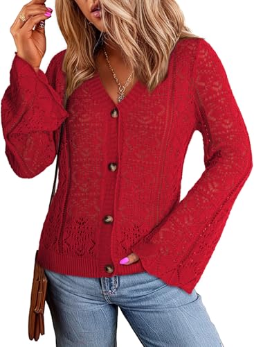 Dokotoo Cardigan Sweaters for Women Long Sleeve Shirts Lightweight Cardigan Button Down Crochet Tops Fall Outfits 2024 Red