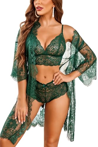 Avidlove Women Sexy Lingerie Set 3 Piece Bra and Panty Sets with Lace Kimono Robe Sleepwear Mesh Nightgown Green