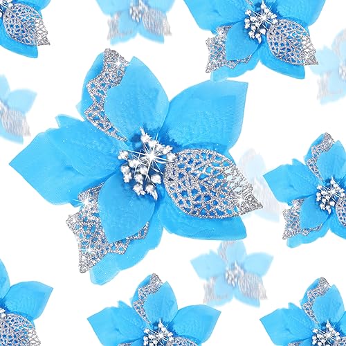 Boao 24 Pieces Christmas Artificial Glitter Poinsettia Flowers Xmas Flowers Wedding Christmas Tree New Year OrnamentsGold Lake Blue