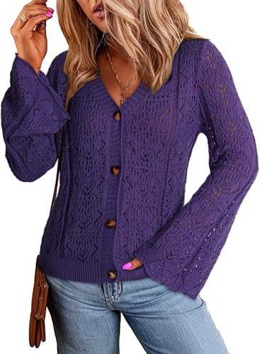 Dokotoo Cardigan Sweaters for Women Long Sleeve Shirts Lightweight Cardigan Button Down Crochet Tops Fall Outfits 2024