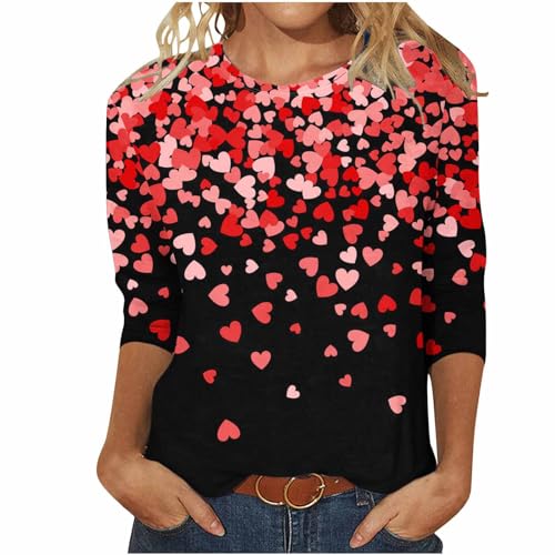 Valentines Day Shirts for Women Aesthetic Cute Love Heart Print TShirt 34 Length Sleeve Tunic Tops Cotton Pullovers Heart 1#pink Small