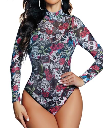 Heart Shirt - Avidlove Long Sleeve Bodysuit for Women Turtleneck Sheer Mesh Bodysuit Geo Print Leotards Horror Skull