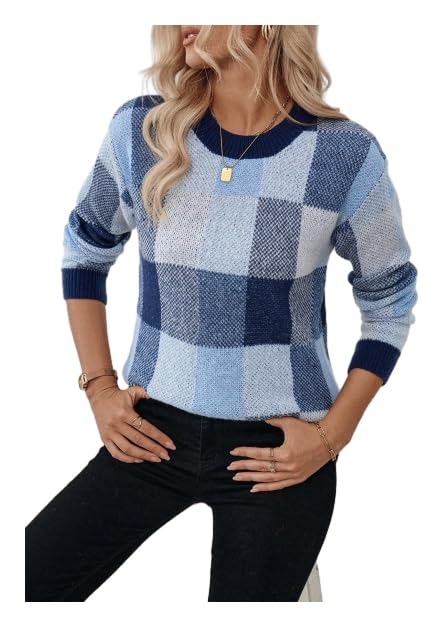 Orange and White Checkered Sweater - GORGLITTER Womens Argyle Checkered Sweater Plaid Long Sleeve Fall Knit Sweater Pullover Tops Light Blue