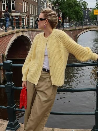 Yellow Cardigan - YKR Womens Fall Cardigan Sweater Long Sleeve Chunky Knit Open Front Button Loose Casual Cardigan Coat