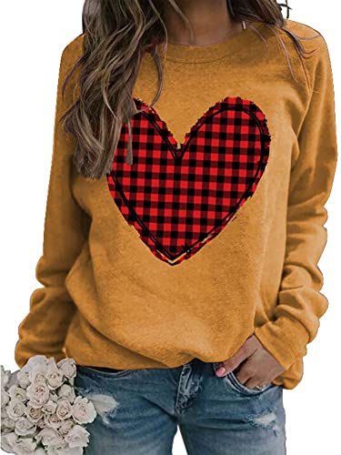 Heart Shirt - Valentines Day Crewneck Pullover Shirts Women Long Sleeve Love Heart Sweatshirts Graphic Lover Gift Mothers Day 01 Yellow Plaid Heart