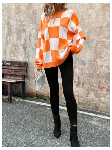 Orange and White Checkered Sweater - GORGLITTER Womens Argyle Checkered Sweater Plaid Long Sleeve Fall Knit Sweater Pullover Tops