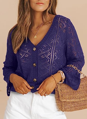 Dokotoo Cardigan Sweaters for Women Long Sleeve Shirts Lightweight Cardigan Button Down Crochet Tops Fall Outfits 2024