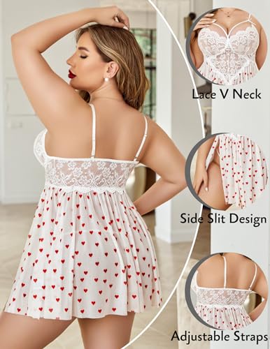 Valentine's Day - Plus Size Lingerie Lace Babydoll Womens Strap Chemise Nightgown V Neck Nighty Mesh Sleepwear Side Slit Nightdress