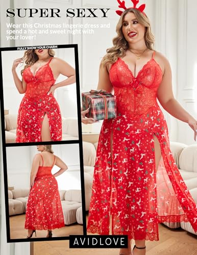 Valentine's Day - Plus Size Lingerie For Women Babydoll Sexy Mesh Maxi Nightdress Strappy Exotic Sleepwear Side Slits