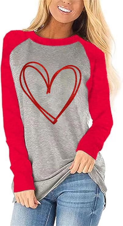 Heart Shirt - Womens Love Heart Raglans TShirts Casual Long Sleeve Valentines Day Graphic Tees Tops 2024-rg-a