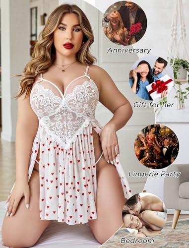 Valentine's Day - Plus Size Lingerie Lace Babydoll Womens Strap Chemise Nightgown V Neck Nighty Mesh Sleepwear Side Slit Nightdress