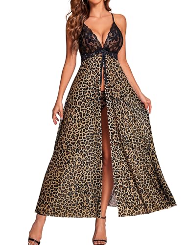 Valentine's Day - Women Lingerie Sexy Lace Babydoll Dress Open Front Sleepwear Long Sheer Nightgowns V Neck Nightwear Leopard