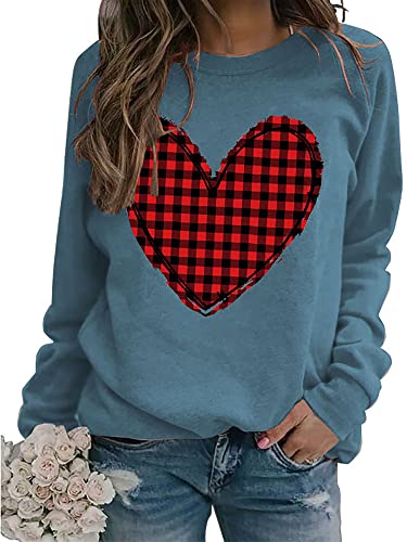 Heart Shirt - Valentines Day Crewneck Pullover Shirts Women Long Sleeve Love Heart Sweatshirts Graphic Lover Gift Mothers Day 01 Blue Plaid Heart