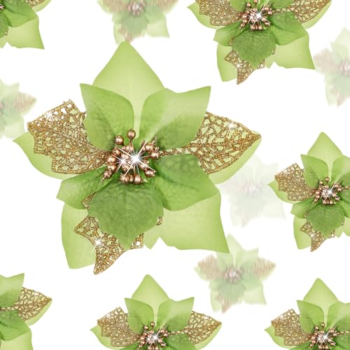 Boao 24 Pieces Christmas Artificial Glitter Poinsettia Flowers Xmas Flowers Wedding Christmas Tree New Year OrnamentsGold Green